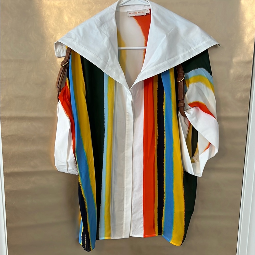 Tory Burch White and Yellow Blouse with Retro Stripes